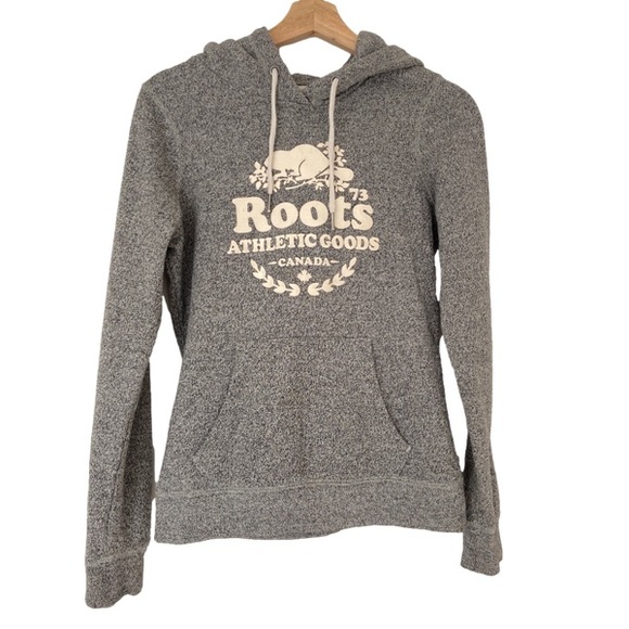 Roots Tops - ROOTS SALT & PEPPER KANGA SWEATSHIRT HOODIE WITH CREAM LOGO, X SMALL